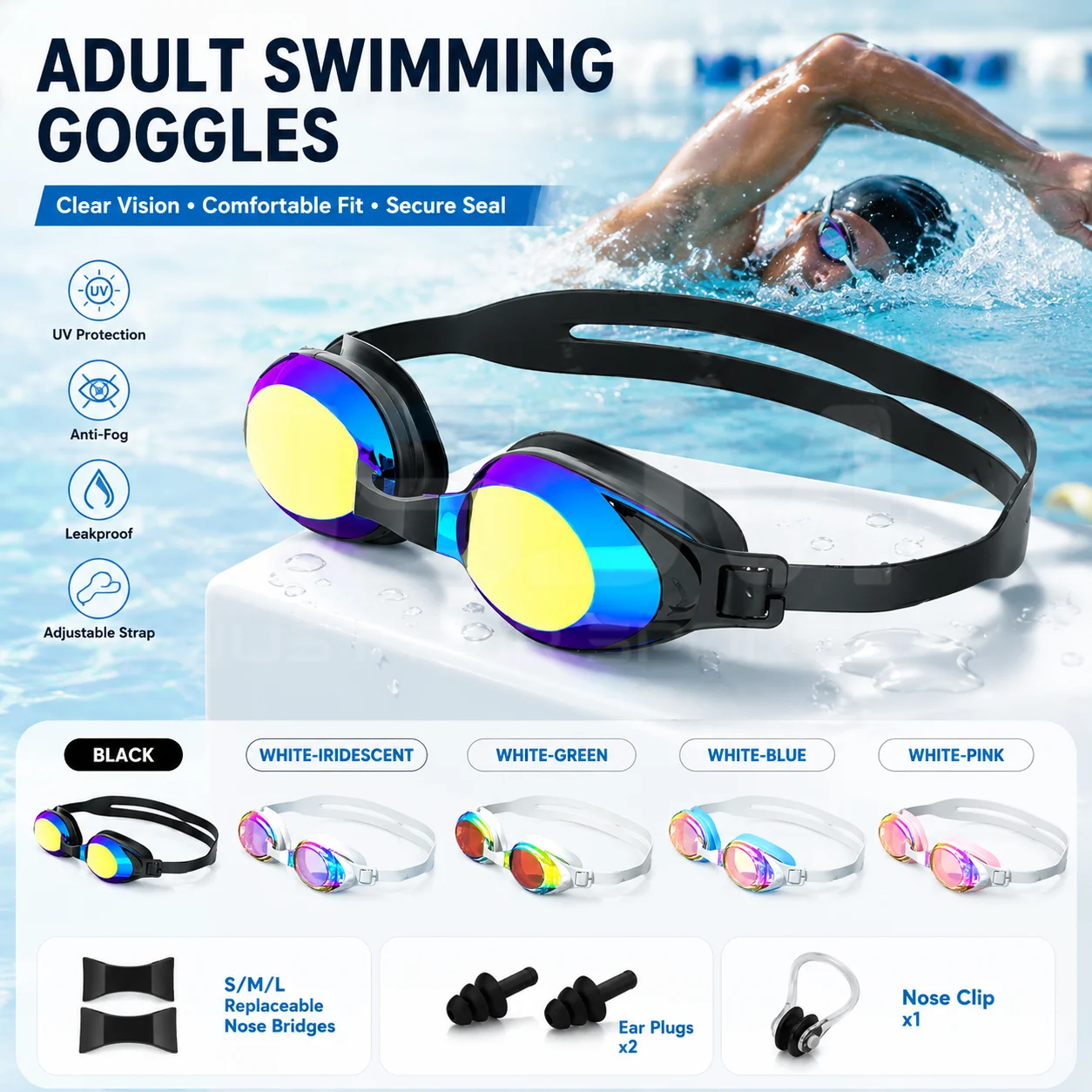 JSJM Gafas de natación antivaho lentes espejo UV impermeables - imagen 2