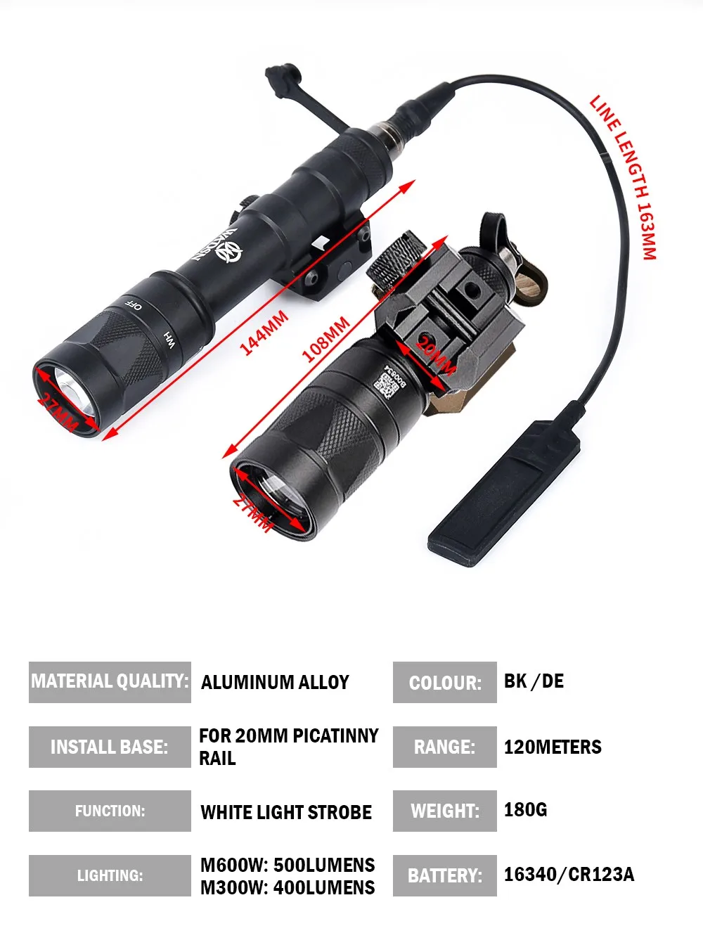 Linterna WADSN montada en rail Picatinny de 20 mm