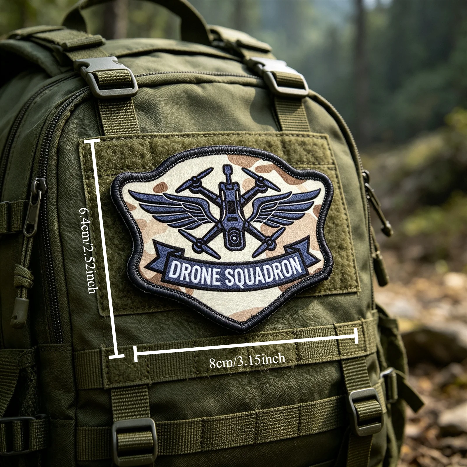Detalle del borde bordado del parche táctico con alas de camuflaje