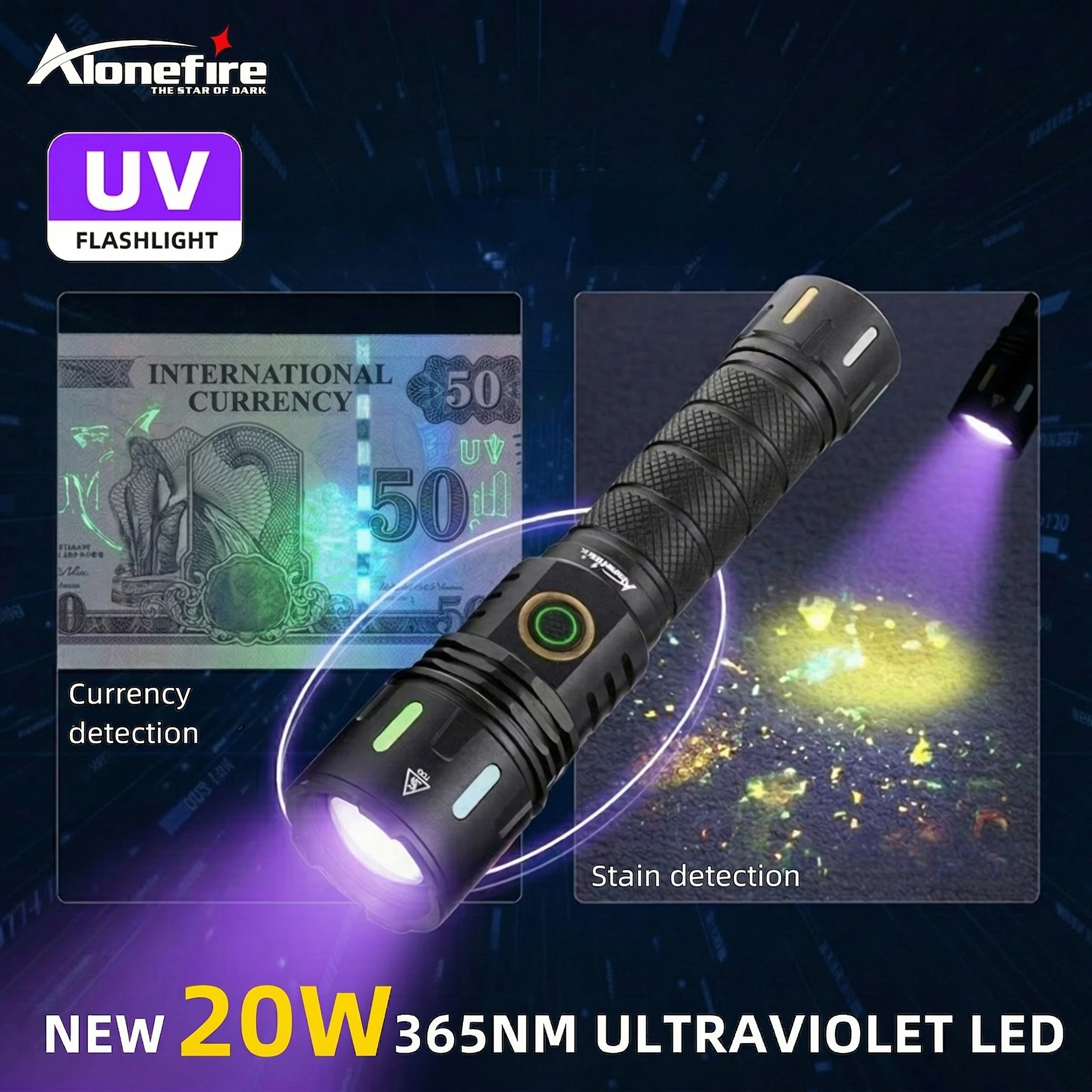 Alonefire Linterna UV recargable con zoom, luz negra para manchas - imagen 5