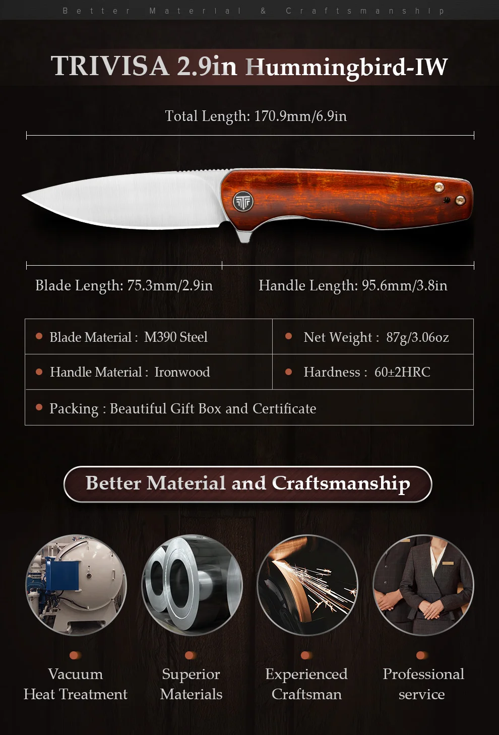 Detalle del diseño del cuchillo TRIVISA Hummingbird
