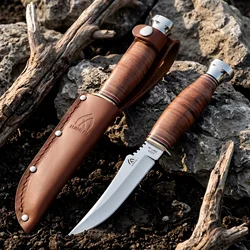 Cuchillo fijo táctico con funda de cuero para exteriores