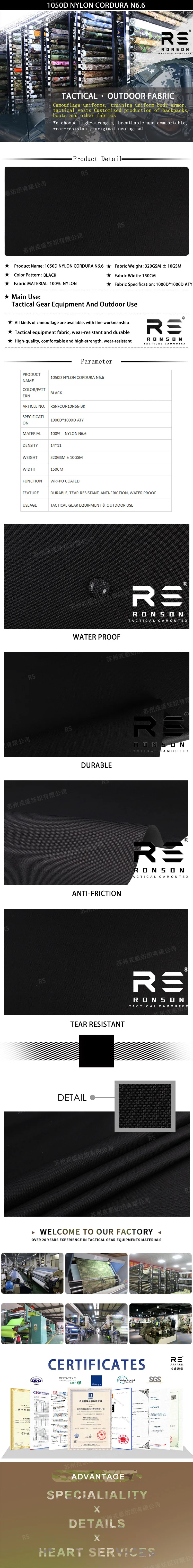 Tela Cordura de nailon 1000D N6.6 negra Ronson con recubrimiento de PU