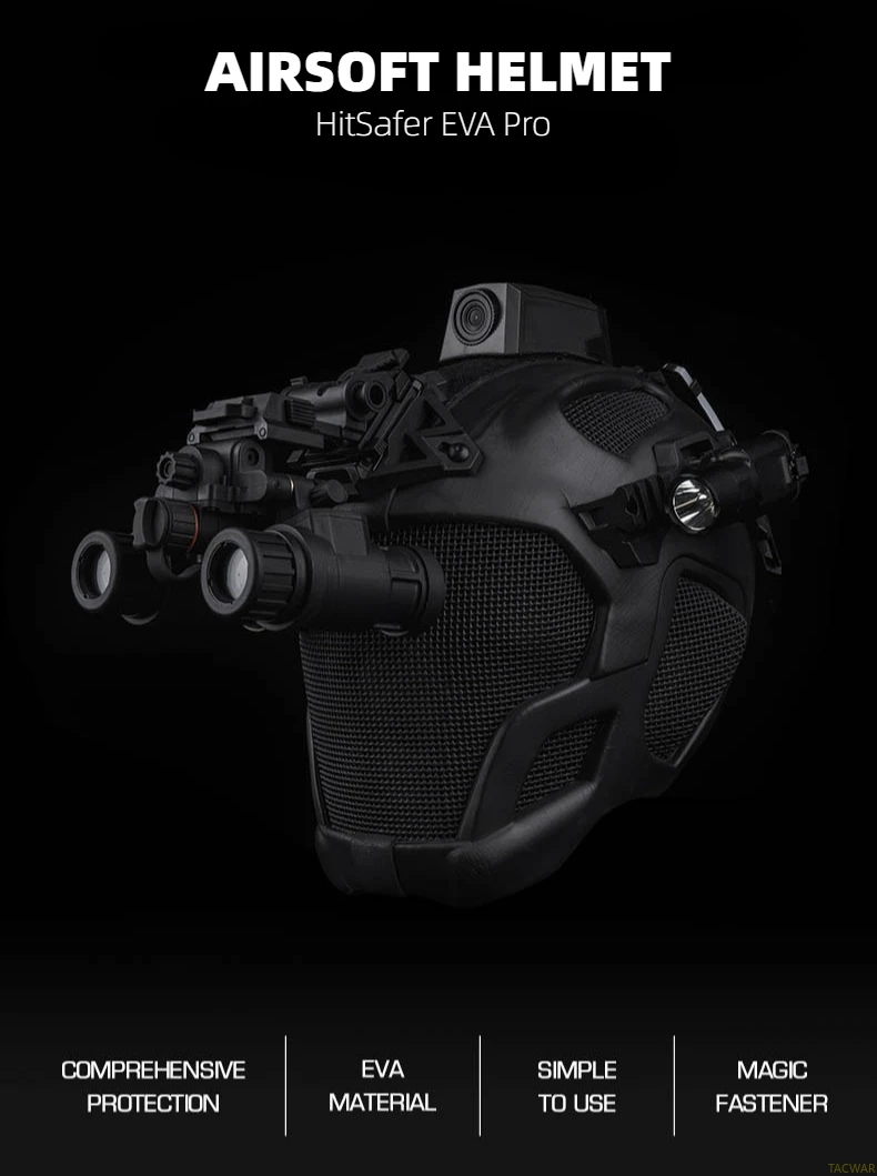 Vista frontal del casco EVA Pro Airsoft con máscara de malla acoplada