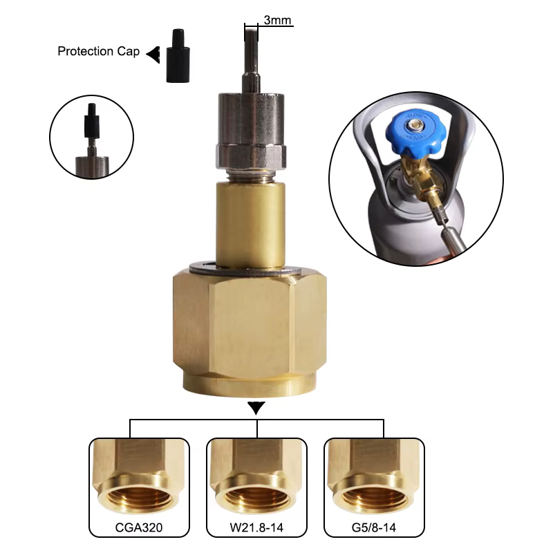 Mini adaptador de CO2 mostrando su conector CGA320