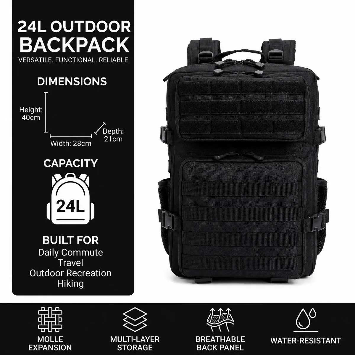Mochila táctica MOLLE para camping, senderismo y caza diaria - imagen 3