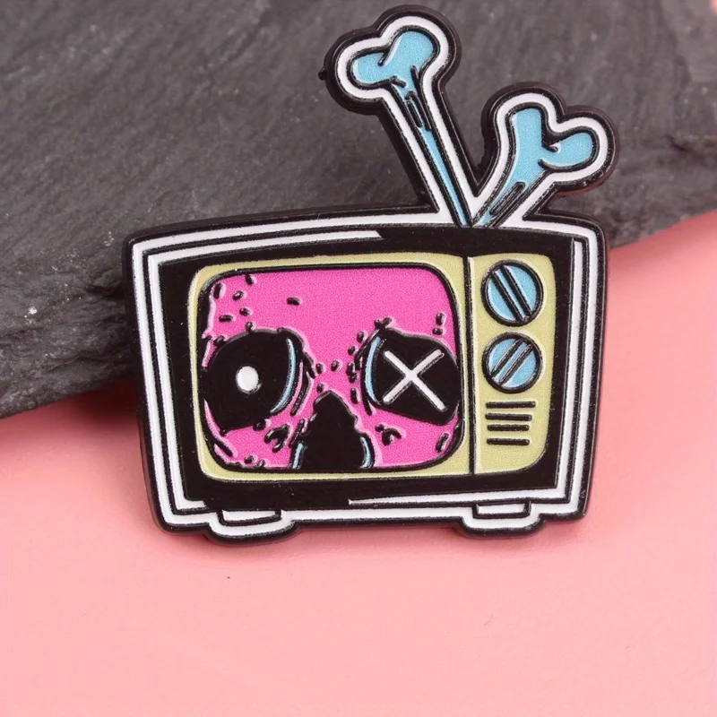 Pin retro terror TV: calavera rayos de cátodo neón, joya oscura - imagen 2