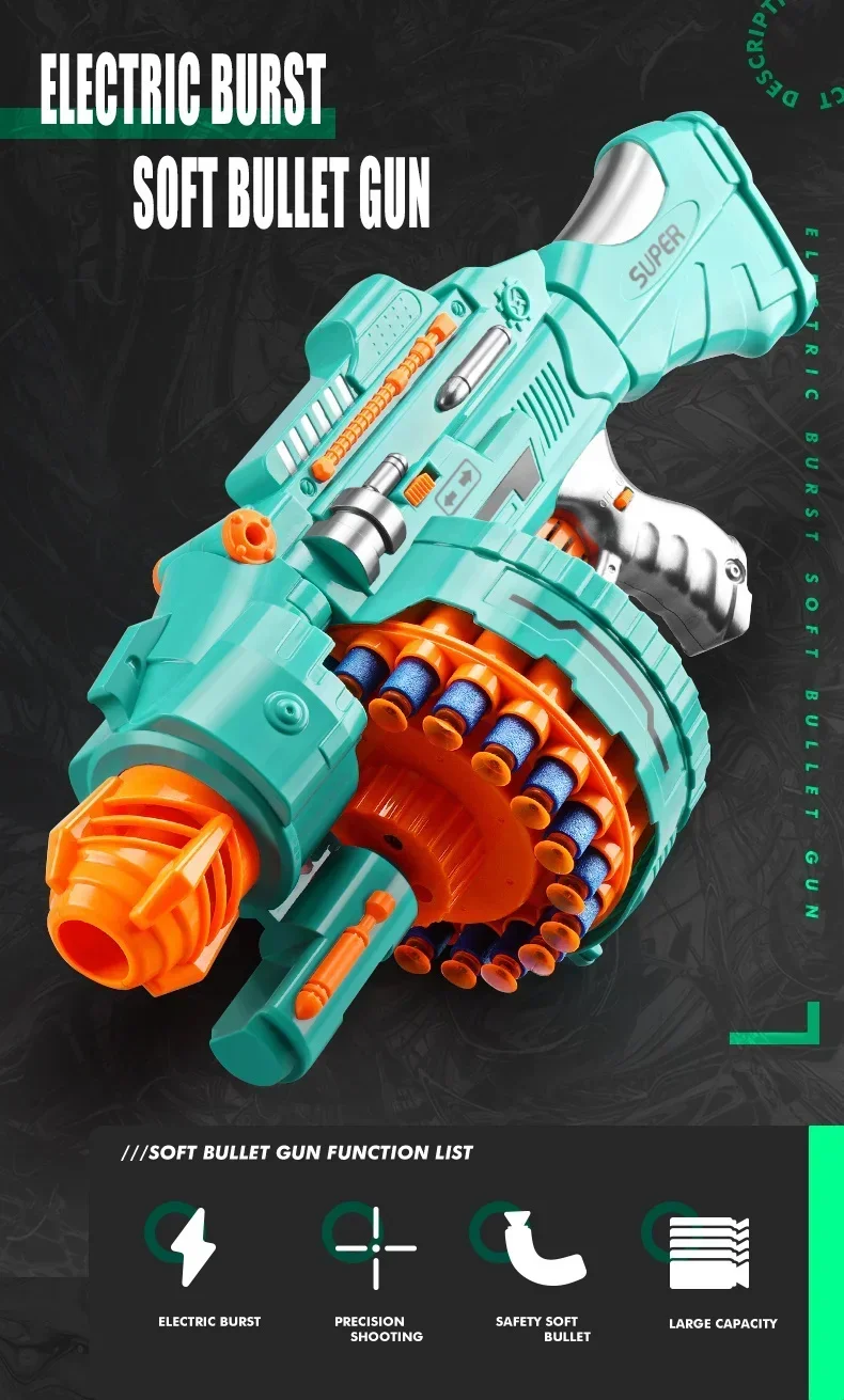 Vista de la pistola Nerf eléctrica tipo Gatling con detalles de disparo