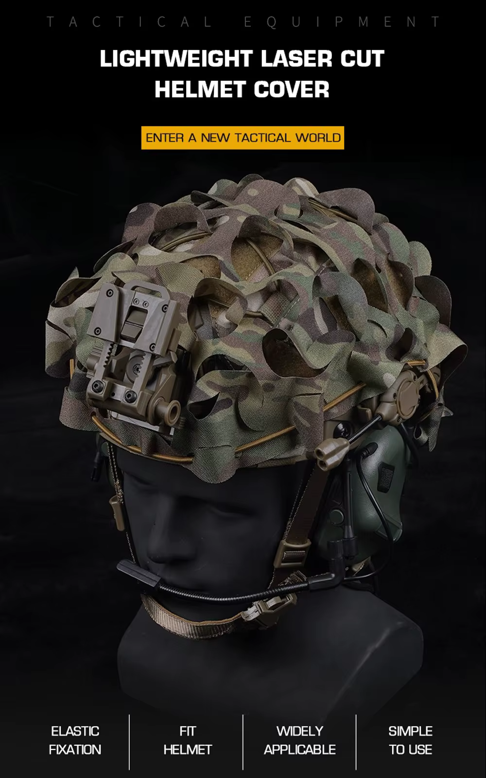 Funda de casco táctico con patrón multicam en tonos verdes