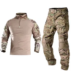 Uniforme táctico airsoft con camisa y pantalones cargo, almohadillas