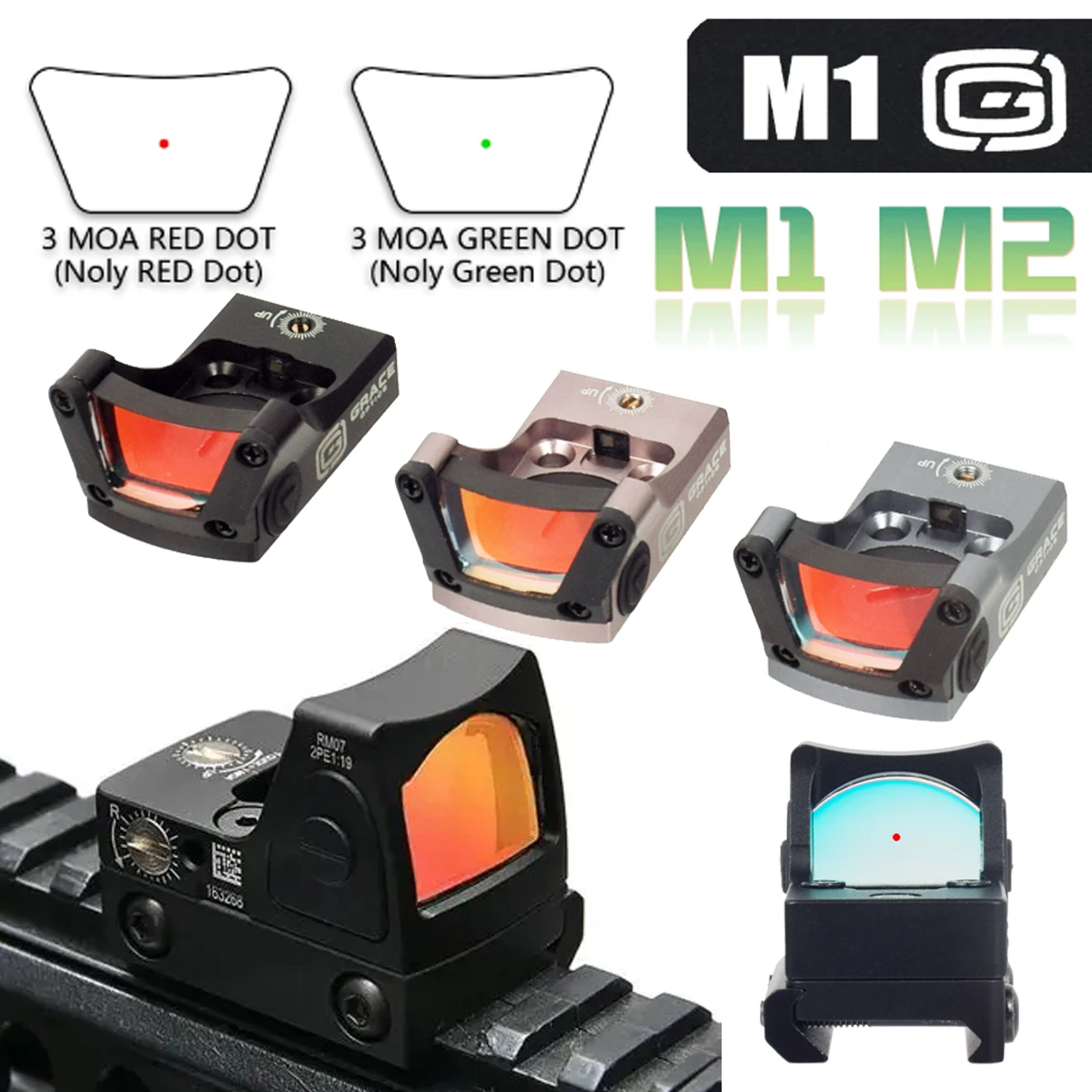 Mira Red Dot Táctica Grace Optics M1/M2 3MOA Picatinny 20mm Airsoft