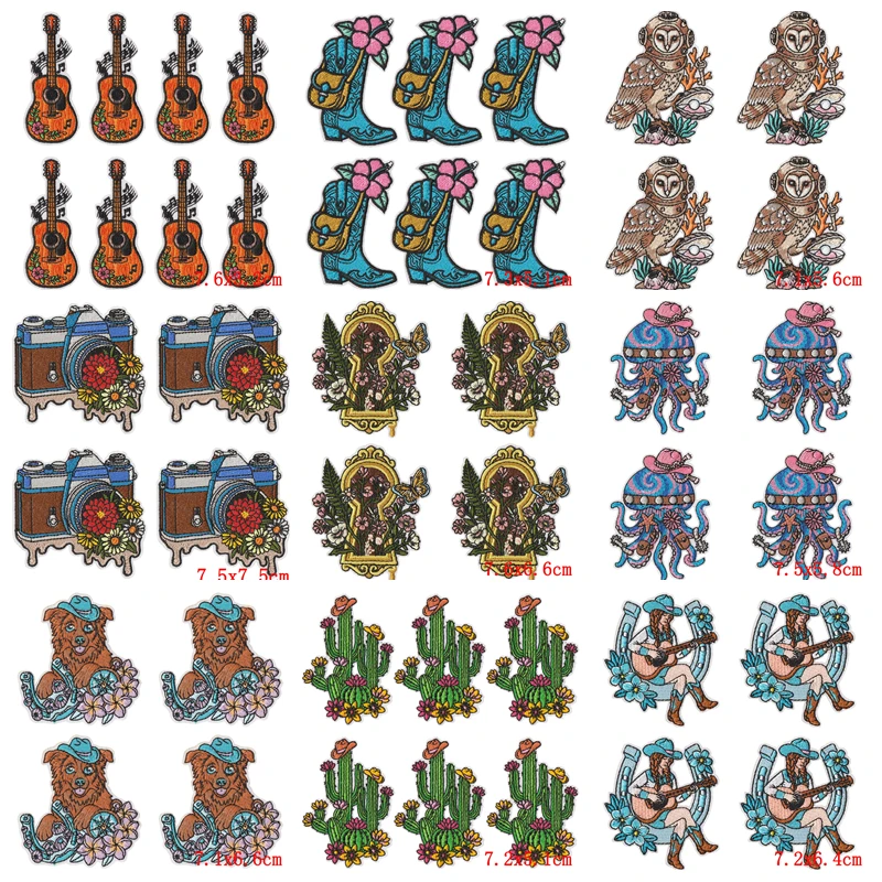 Parches termoadhesivos western bordados guitarra, bota, cactus y búho - imagen 4