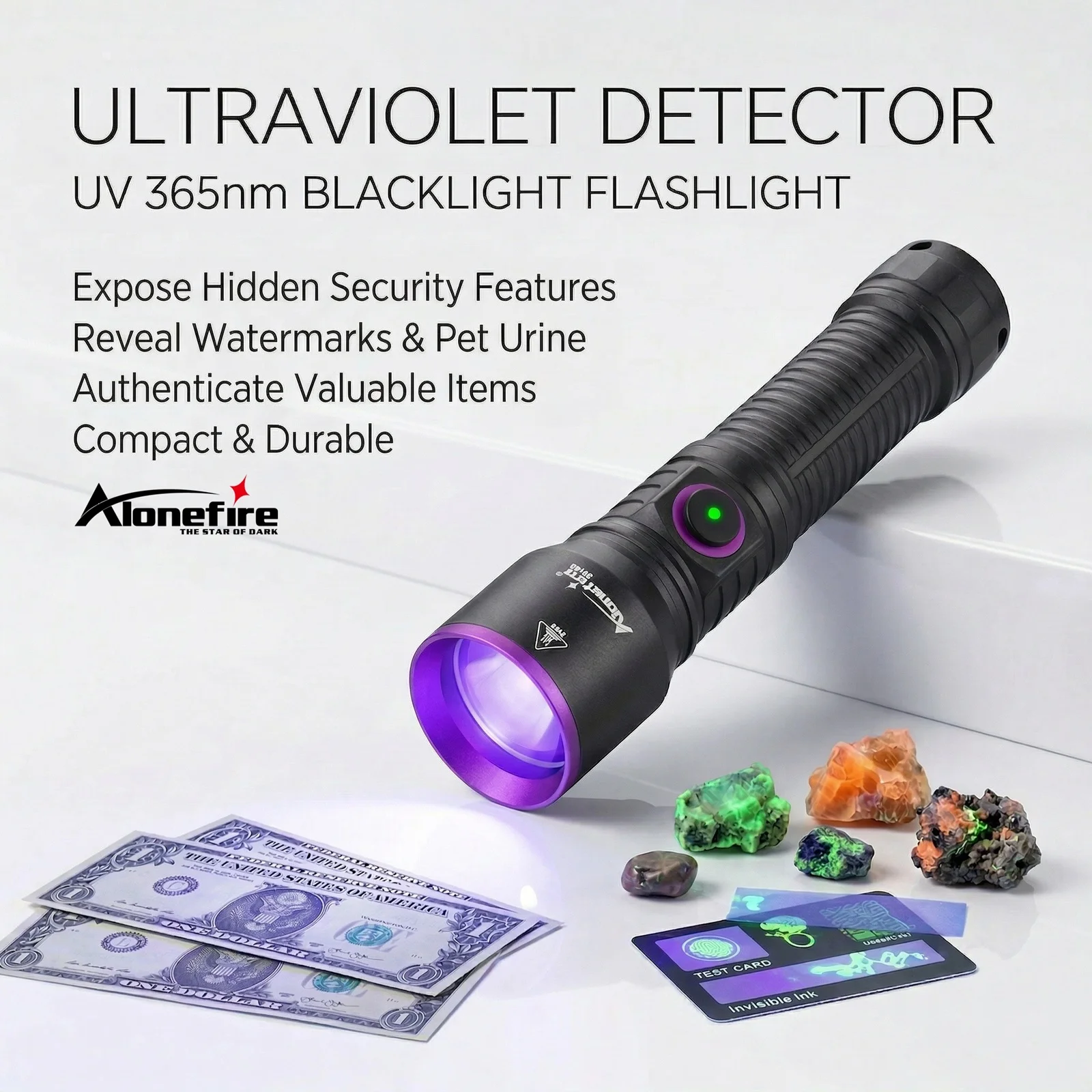 Alonefire Linterna UV luz negra recargable USB para manchas y hongos - imagen 2
