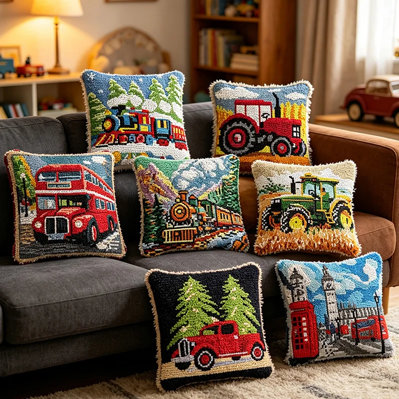 Cojín bordado vintage con motivos retro tren, tractor y Big Ben - imagen 5