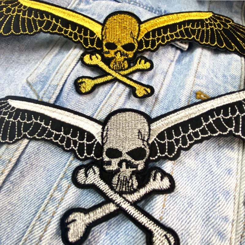 Parche bordado motociclista Punk alas calavera – Chaqueta vaquera - imagen 3