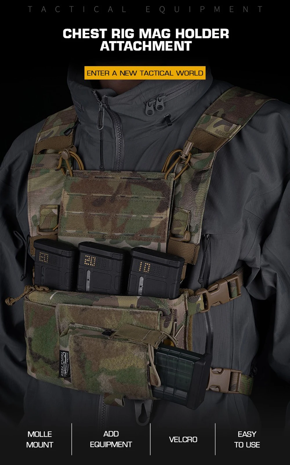 Vista frontal de la bolsa táctica negra mate con correas MOLLE visibles