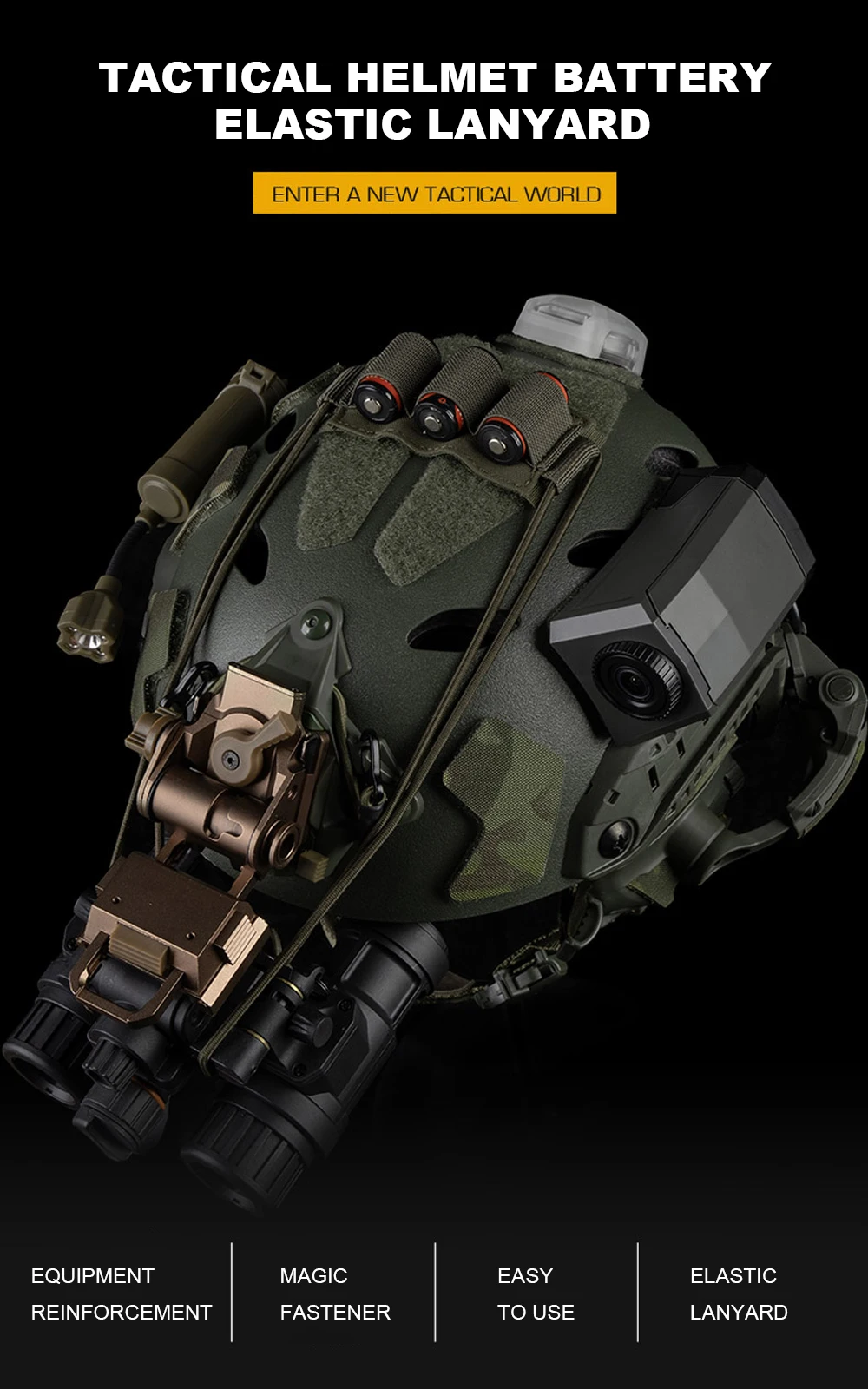 Cordón elástico de retención para batería NVG sobre casco táctico