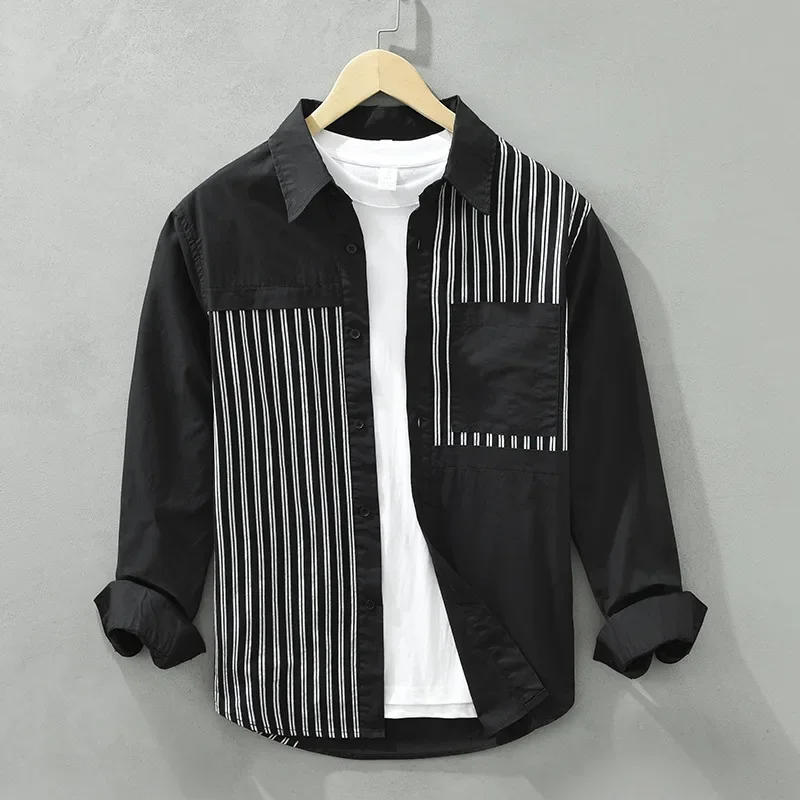 Camisa algodón a rayas patchwork corte entallado manga larga