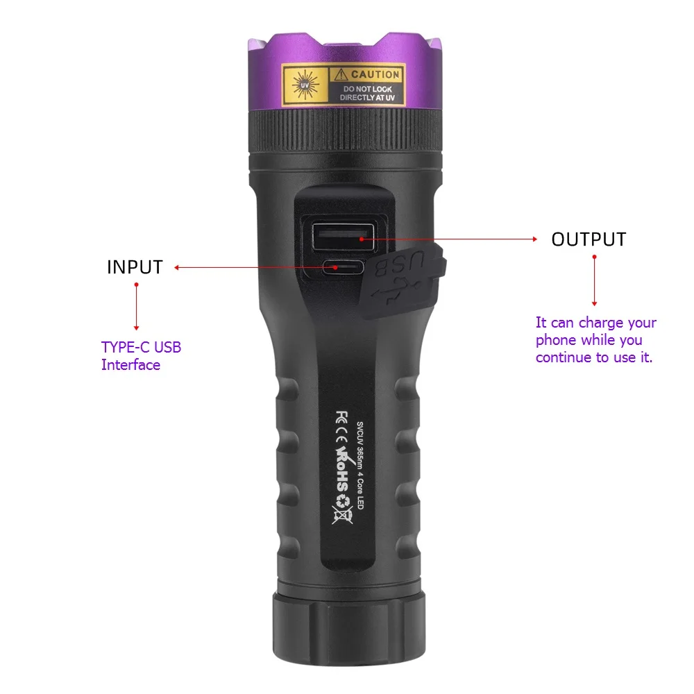Linterna UV táctica 365nm recargable – Luz negra LED profesional