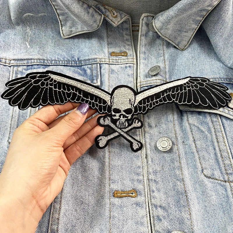 Parche bordado motociclista Punk alas calavera – Chaqueta vaquera - imagen 5