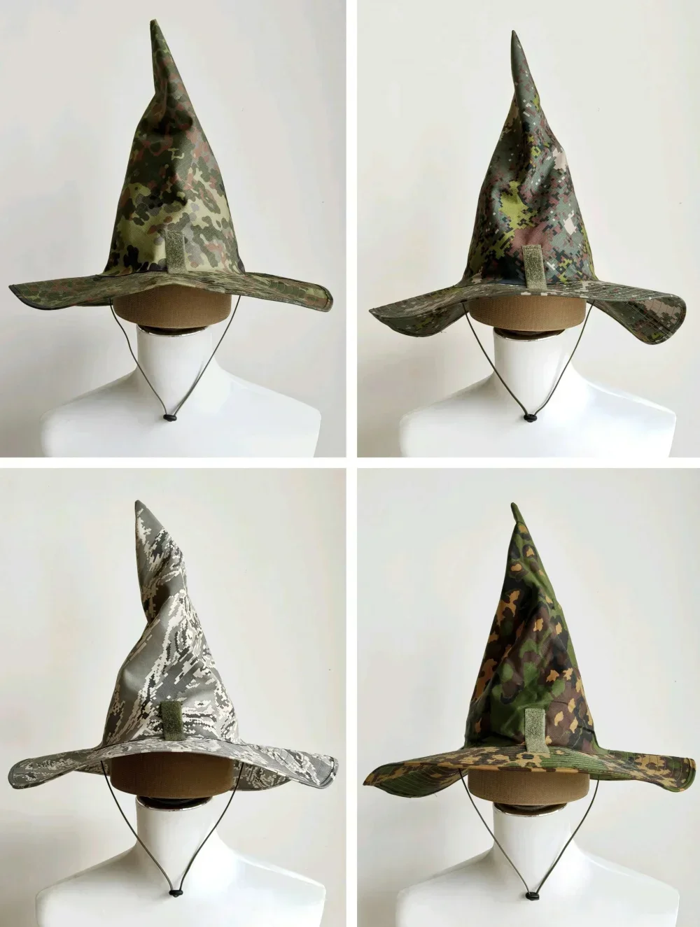 Detalle del sombrero con estética de “mago táctico”