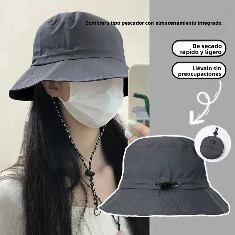 Sombrero ala ancha secado rápido gran talla, protección solar y bolsa