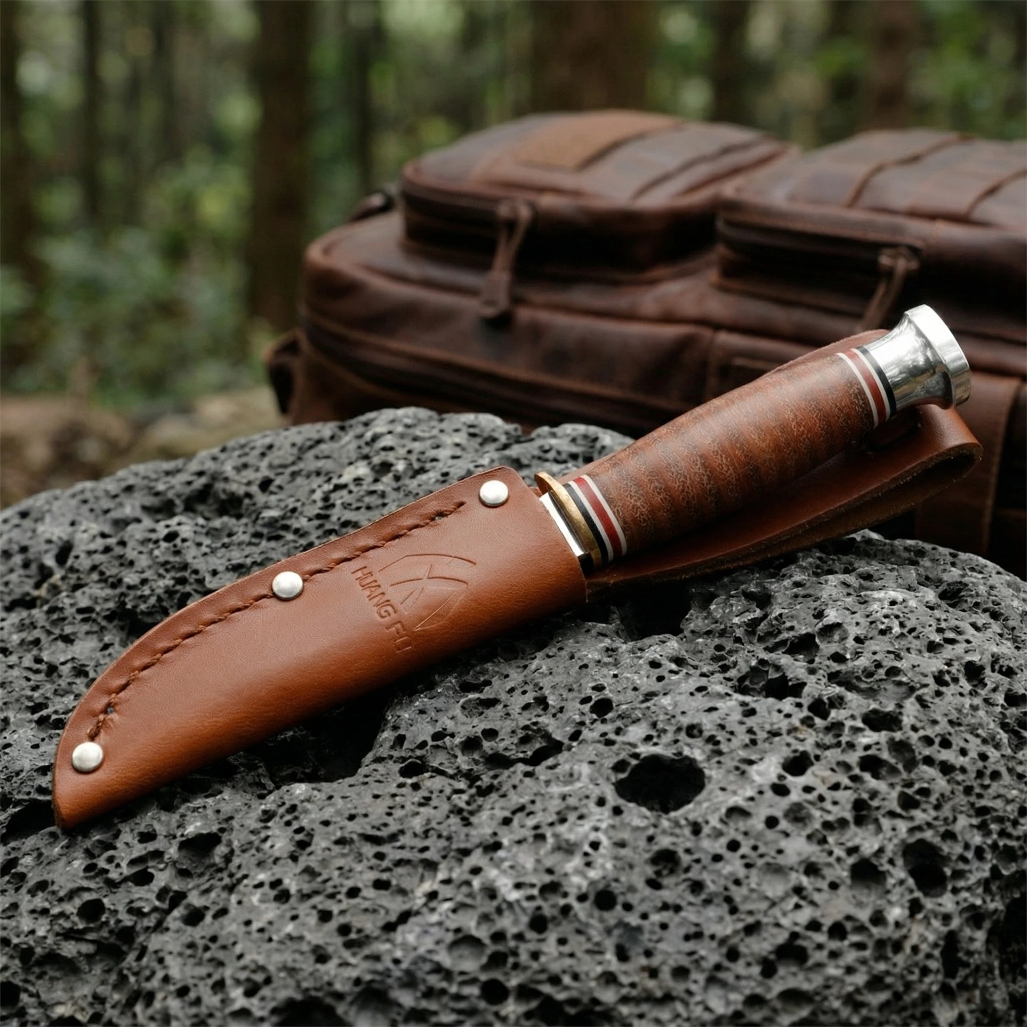 Cuchillo fijo táctico con funda de cuero para aire libre - imagen 2