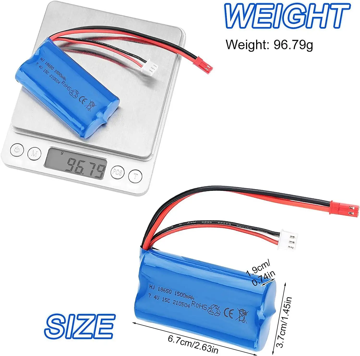 Batería recargable 7,4V 1500mAh con conector JST y cargador para coche RC
