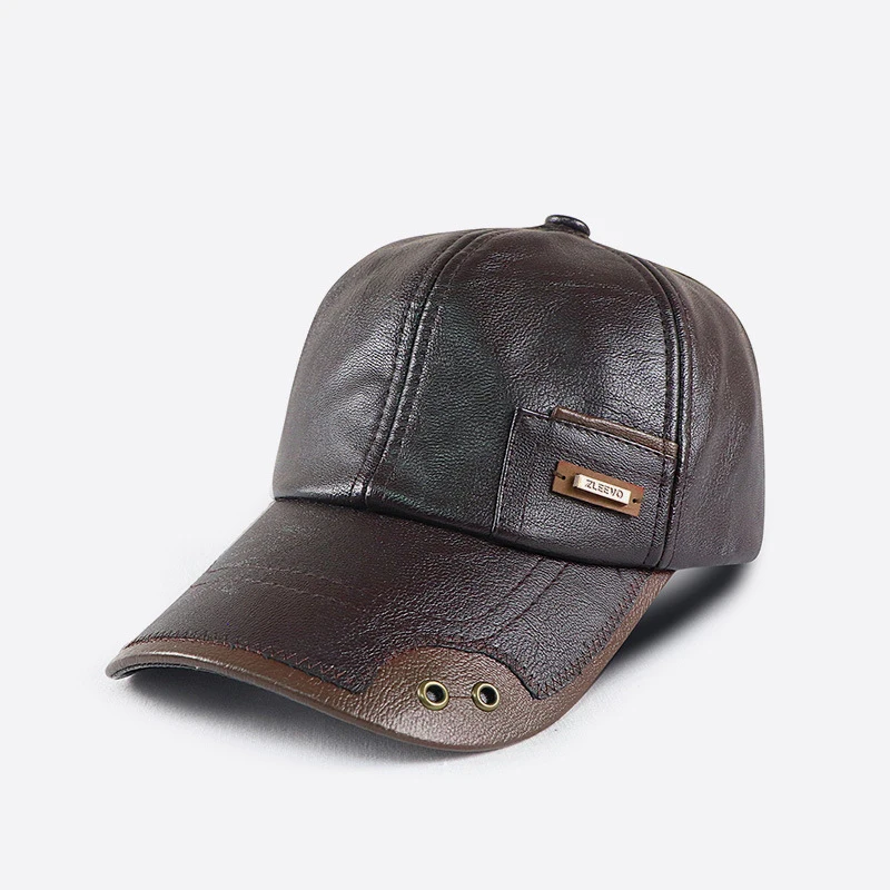 Gorra trucker ajustable retro cuero PU marrón y negro para hombre