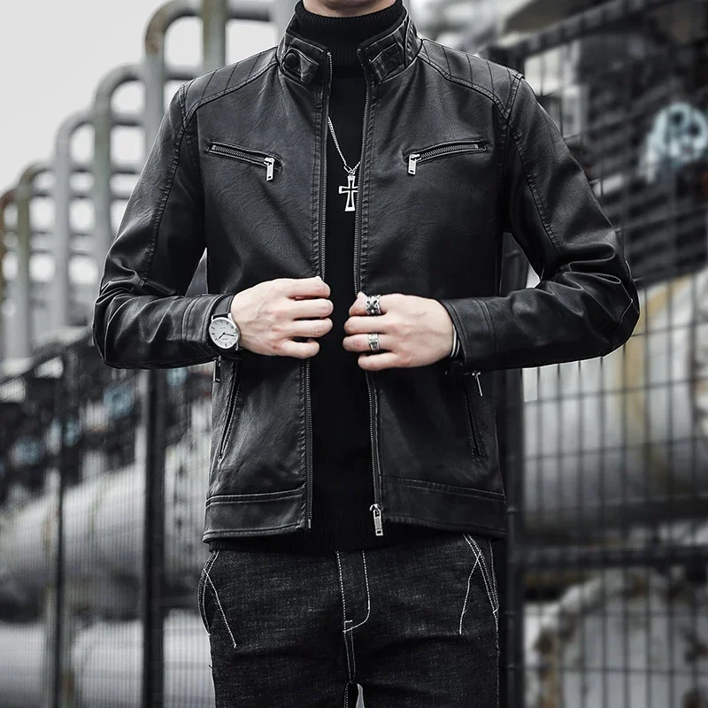 Chaqueta de motocicleta cuero PU antiviento, cuello alto