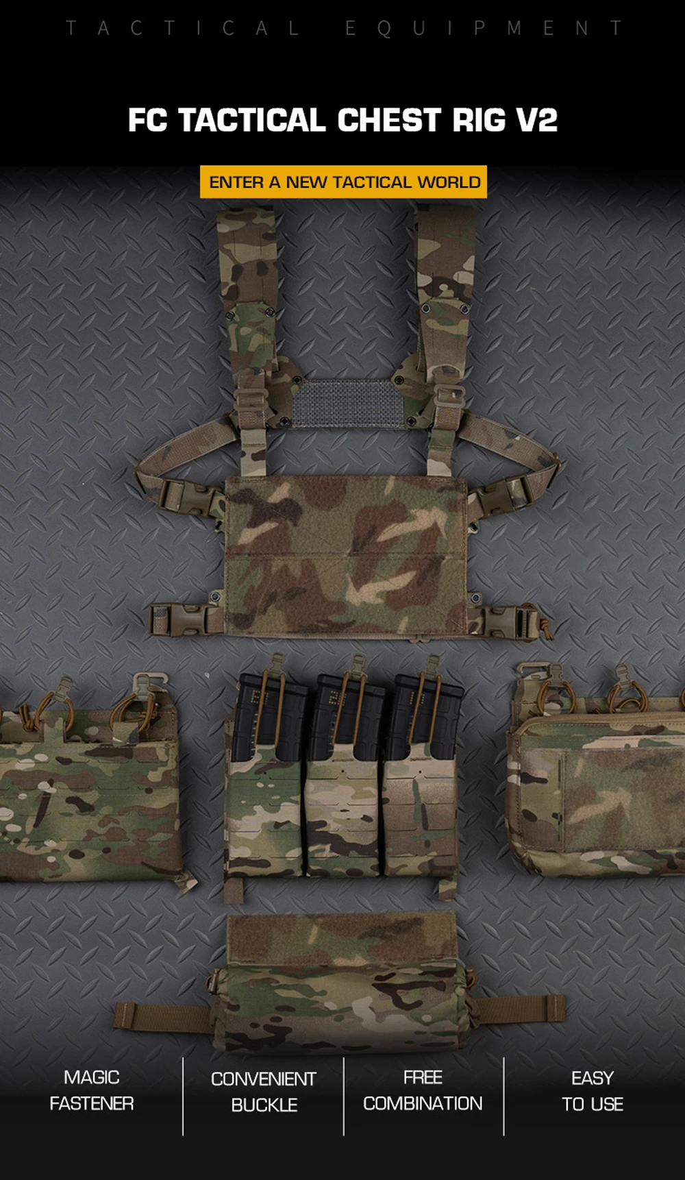 Vista frontal del chest rig Mini V2 en configuración táctica