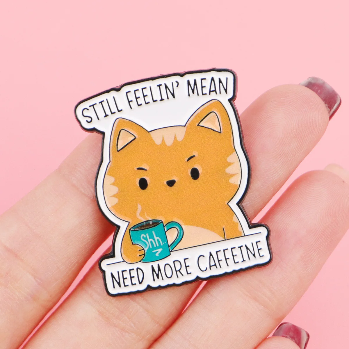 Pin de esmalte gato naranja con frase café para chaquetas y mochilas - imagen 5