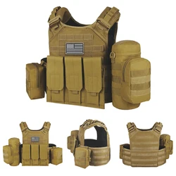 Chaleco caza táctico MOLLE con funda botella y bolsillos pecho