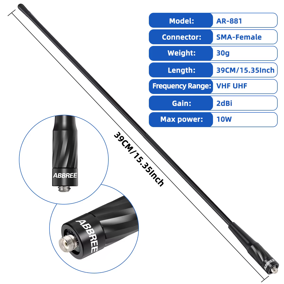 ABBREE AR-881 Antena dual banda SMA hembra para Baofeng y Quansheng - imagen 5