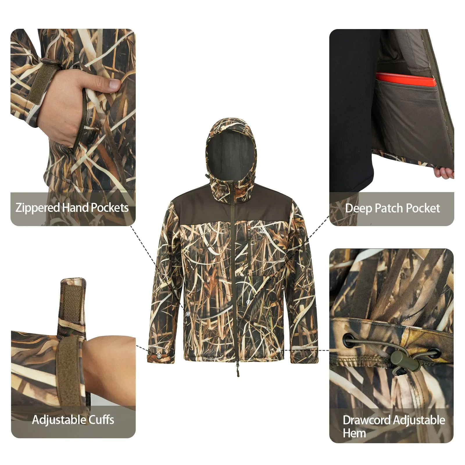 Chaqueta táctica softshell con capucha camuflaje hoja impermeable - imagen 5