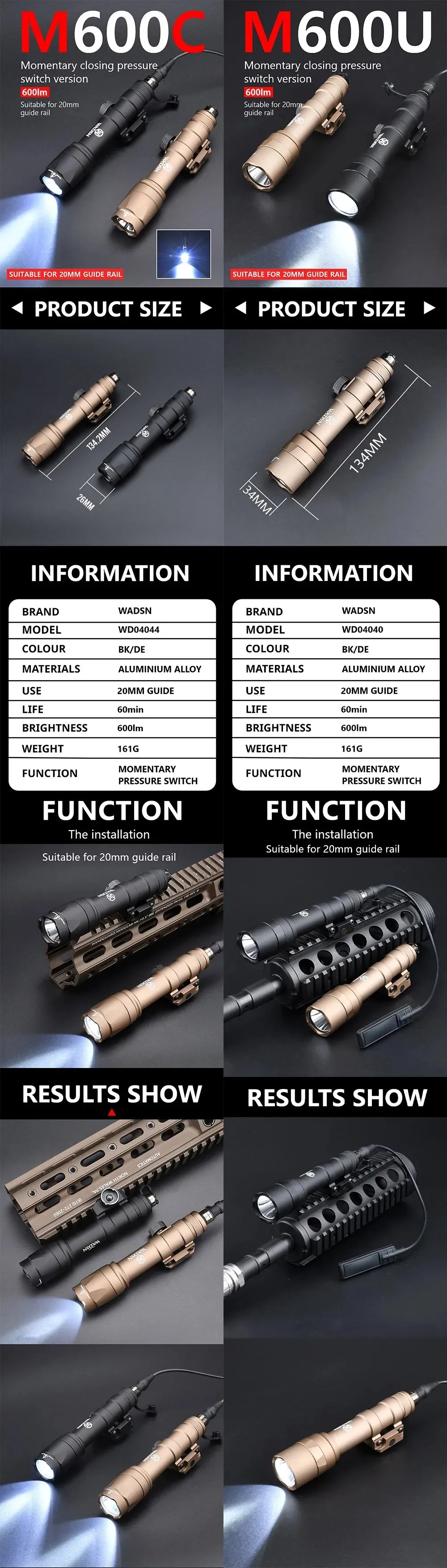 Linterna táctica WADSN M600 montada en riel Picatinny