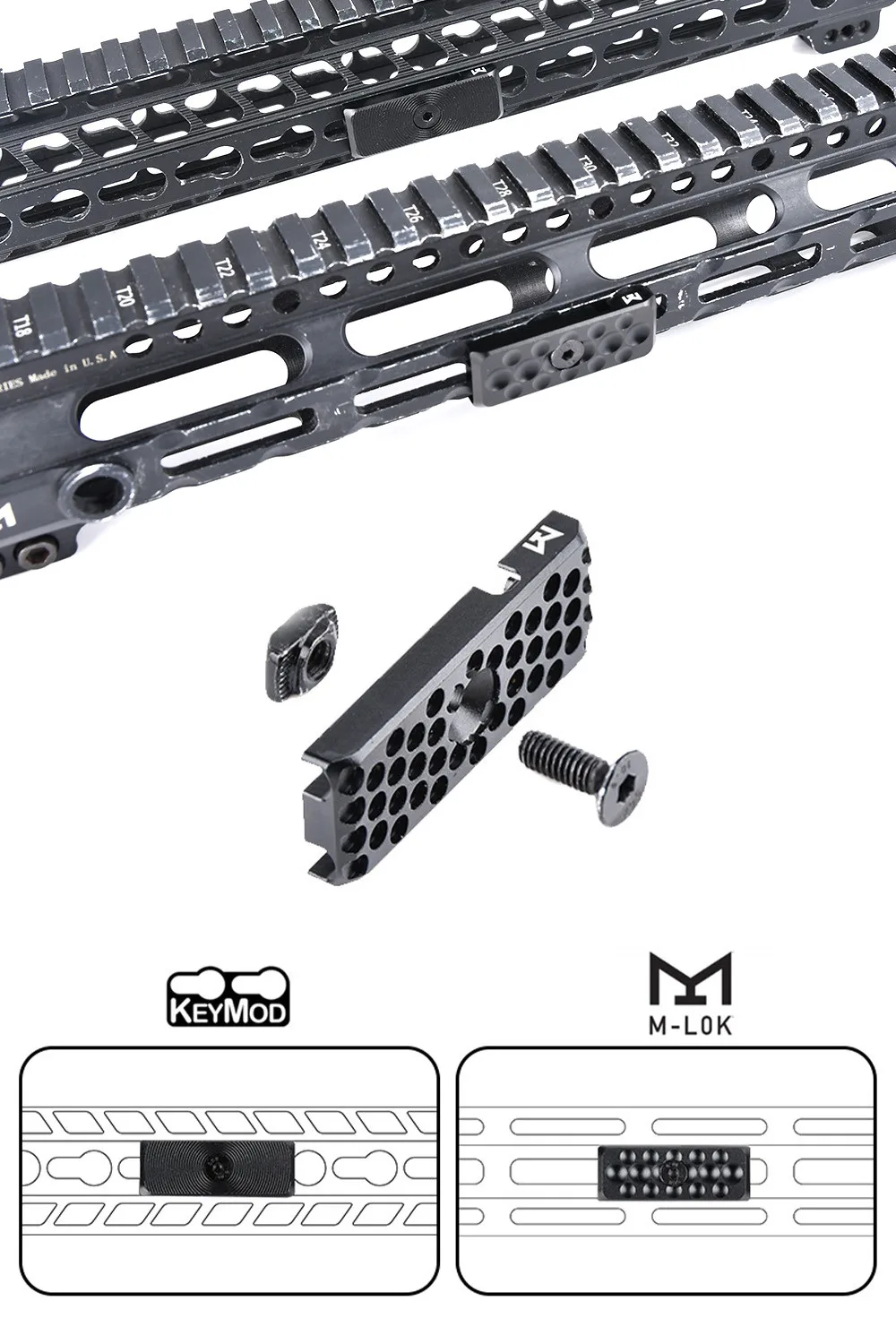 Accesorios tácticos M-Lok en detalle mostrando el sistema de retención