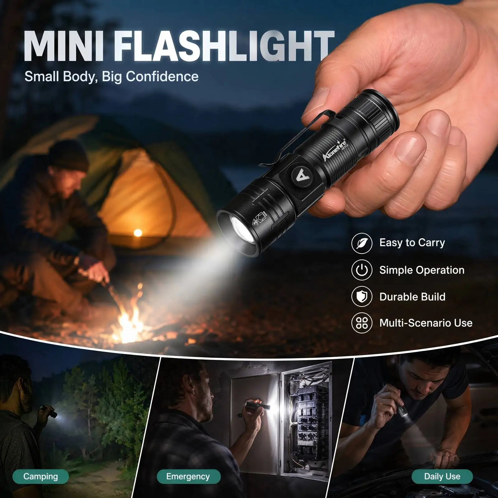 Alonefire Linterna táctica LED con zoom recargable USB para exteriores - imagen 3