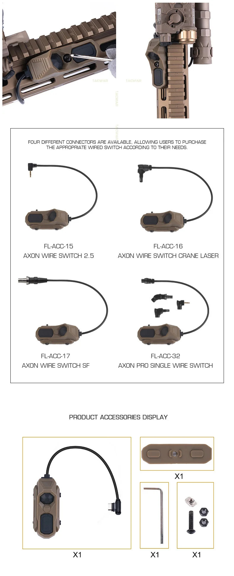 Vista completa del interruptor táctico AXON con su cable