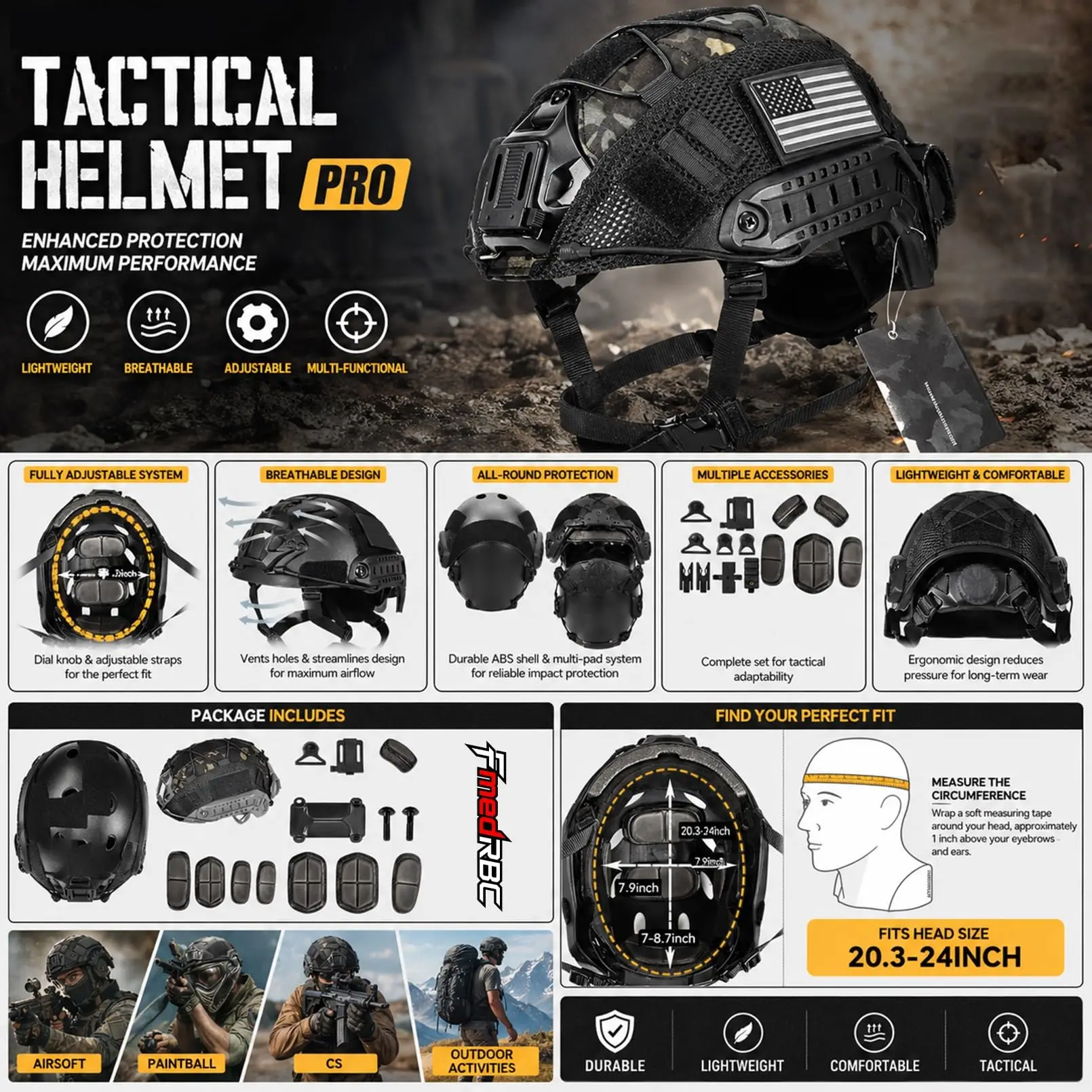 Casco táctico FAST ajustable para airsoft con máscara y luz - imagen 4
