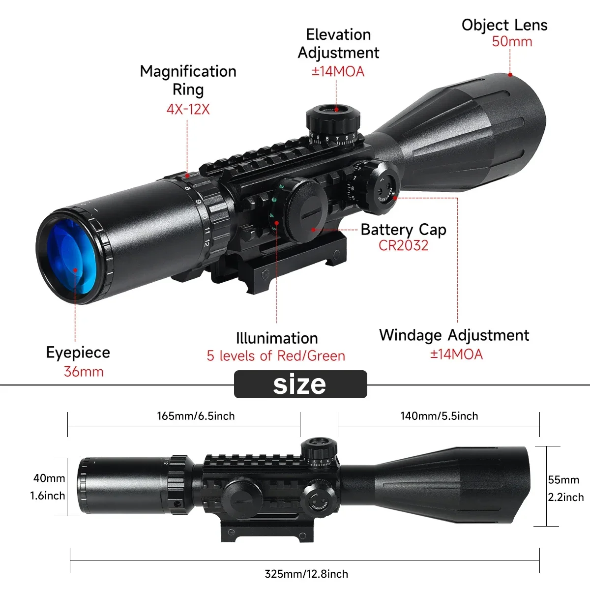 Mira telescópica táctica para airsoft con láser, punto rojo y miras - imagen 3