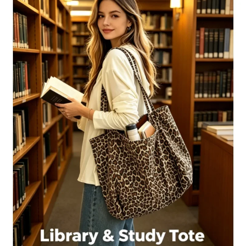 Bolso de hombro de lona con estampado de leopardo y gran capacidad