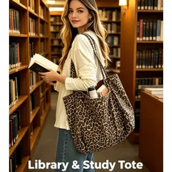 Bolso de hombro de lona con estampado de leopardo y gran capacidad