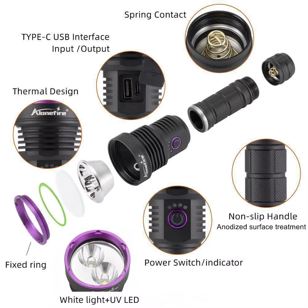 Linterna táctica UV luz blanca recargable USB para exteriores - imagen 5