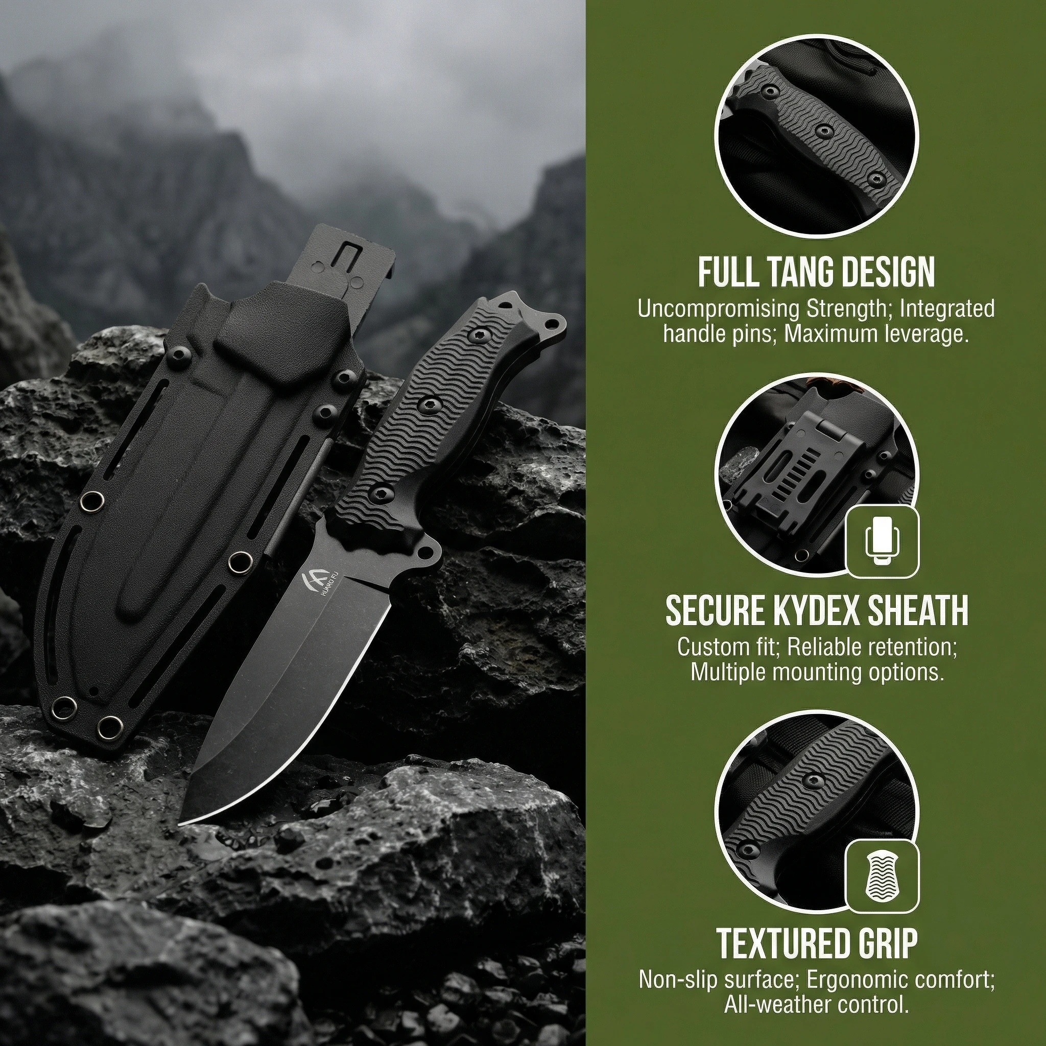 Cuchillo táctico de hoja fija con mango G10 y funda para camping - imagen 2