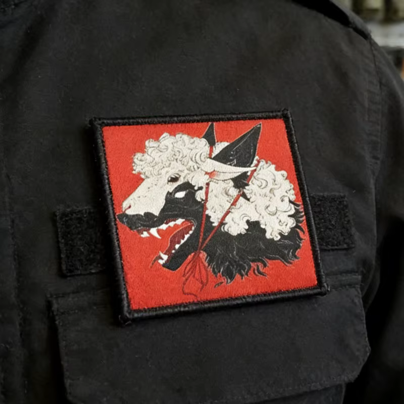 Parche táctico Lobo en piel de oveja con velcro rojo - imagen 3