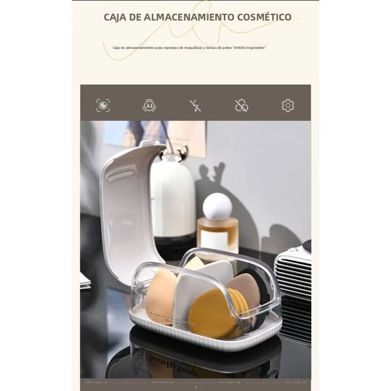Caja organizadora esponjas de maquillaje con tapa a prueba de polvo - imagen 2