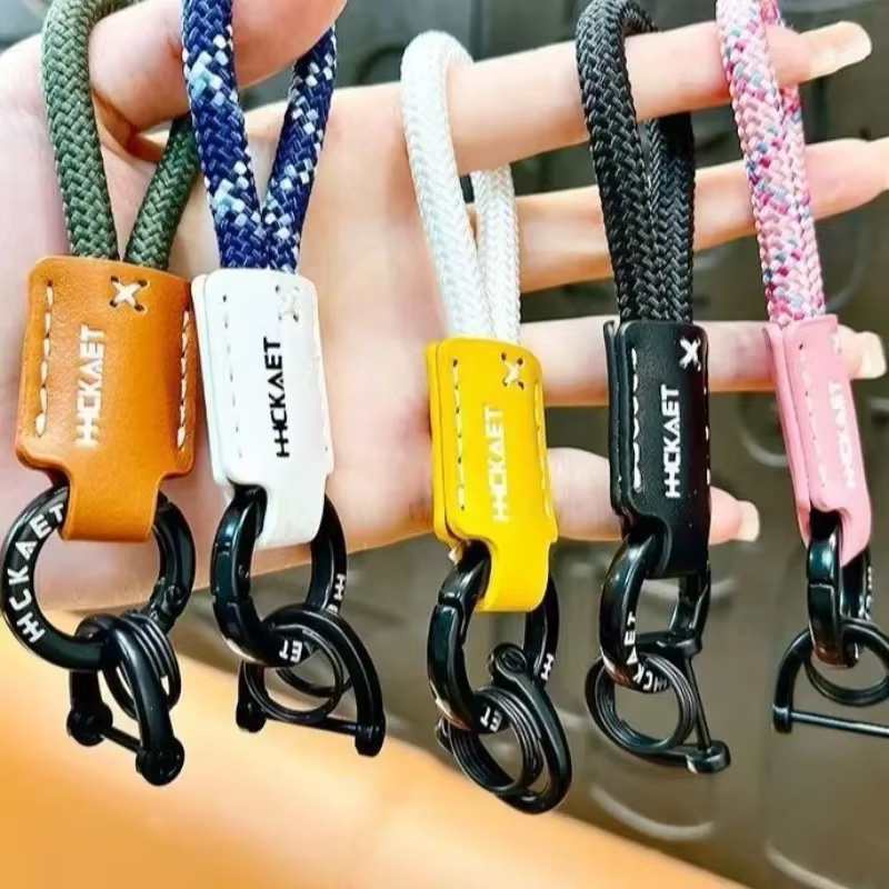 Llavero cuero vacuno tejido antipérdida con cordón grabable para coche - imagen 3