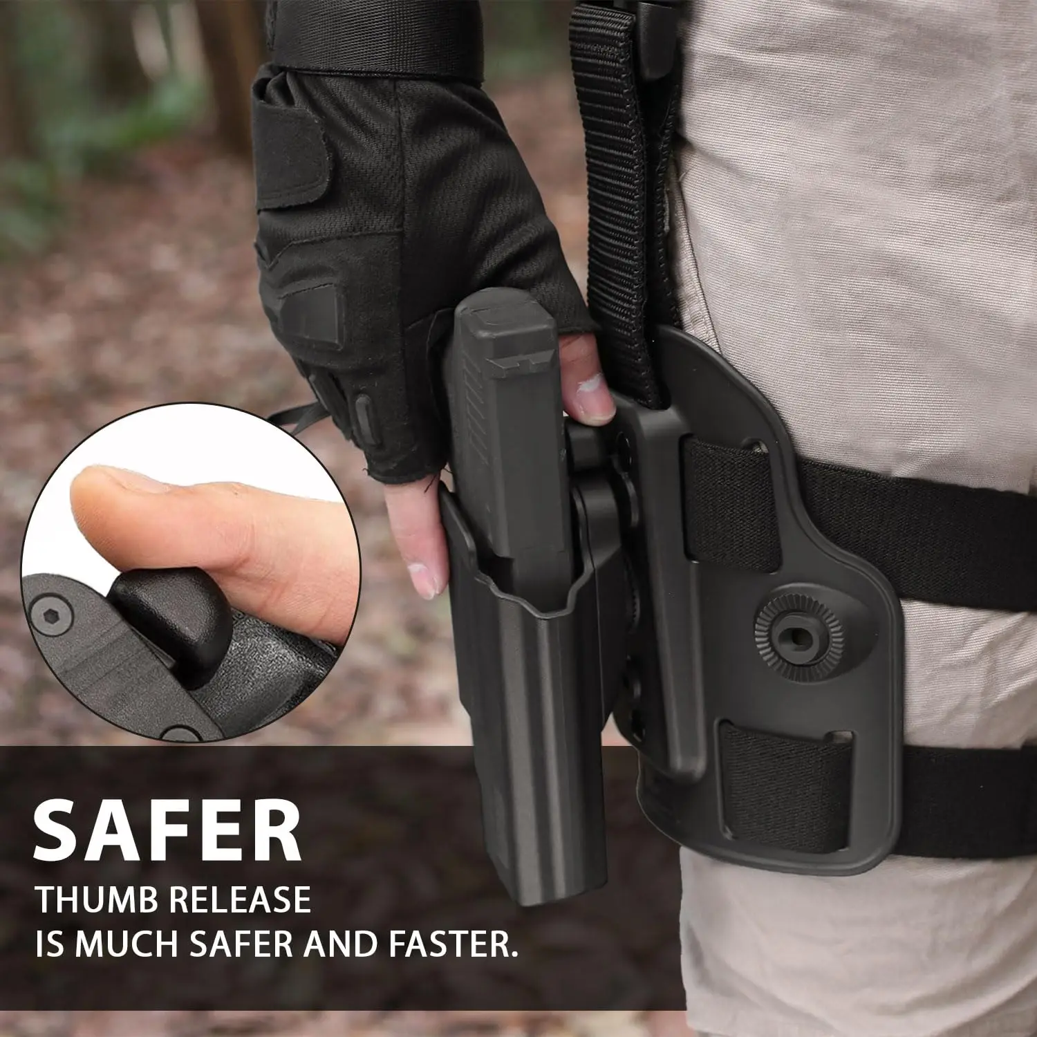 Funda táctica de pierna Glock 17 – Nivel II retención thumb - imagen 3