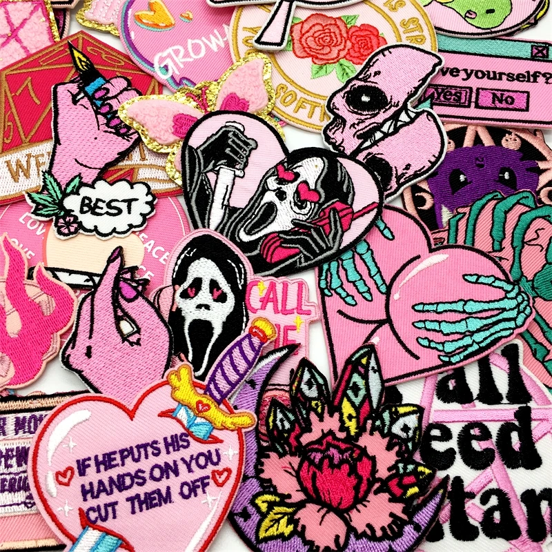 Parche bordado termoadhesivo estilo punk rosa para chaqueta - imagen 4